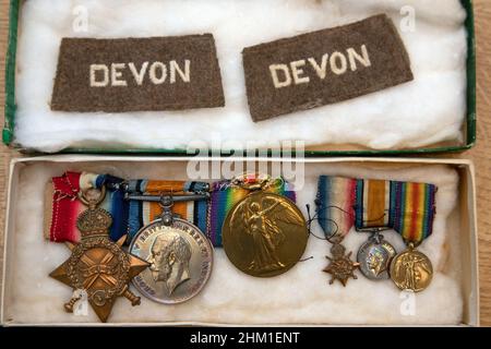 Devon, PIP Squeak et Wilfred, robe, médailles, WW1, Guerre mondiale, un, 1,Médailles, 1914-1915 étoiles, Médaille britannique de la guerre, Médaille de la victoire, Ile de Wight, Banque D'Images