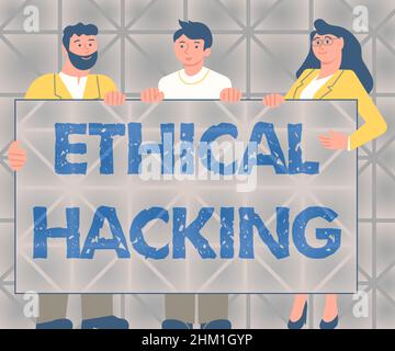 Écriture de texte piratage éthique. Idée d'affaires acte de localiser les faiblesses et les vulnérabilités de l'ordinateur trois collègues tenant le tableau de présentation Banque D'Images