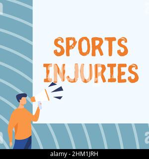 Texte montrant inspiration Sports blessures. Mot écrit sur les types de blessures qui se produisent pendant les sports ou l'exercice homme d'affaires dessin parlant à travers Banque D'Images