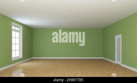 Concept intérieur de chambre vide avec une fenêtre blanche et une porte blanche.Parquet clair, murs verts et un Plinth blanc.Vue en perspective.3D rendu Banque D'Images