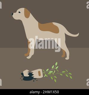 Mauvais chien cassé une plante de maison en pot, éducation de chien d'animal de compagnie, comportement de chien de dachshund Illustration de Vecteur