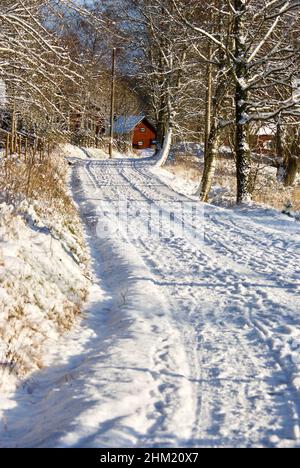 La route avec des pistes dans un paysage enneigé suédois mène à une maison en rondins rouges. Banque D'Images