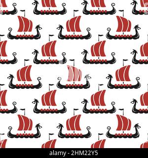 Illustration du vecteur de motif Drakkar vikings.Bateau de transport Viking arrière-plan sans couture.Bateau viking bateau scandinave texture Illustration de Vecteur