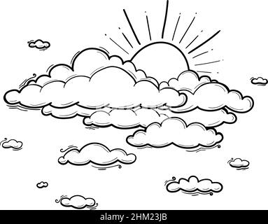 Dessin Sun and Cloud en style gravure.Illustration vectorielle isolée sur blanc Illustration de Vecteur