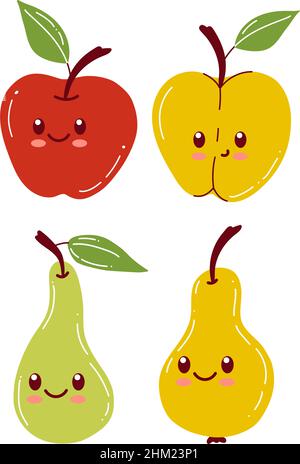 Personnages de pomme et de poire avec visage amusant.Collection de dessins animés joyeux et mignons d'illustrations vectorielles pour enfants.Nourriture végétarienne saine caractère puildish Illustration de Vecteur