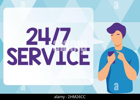 Service d'affichage conceptuel 24 ou 7. Mot pour le service qui est disponible à tout moment et habituellement chaque jour Homme Illustration en utilisant Mobile et Affichage Banque D'Images