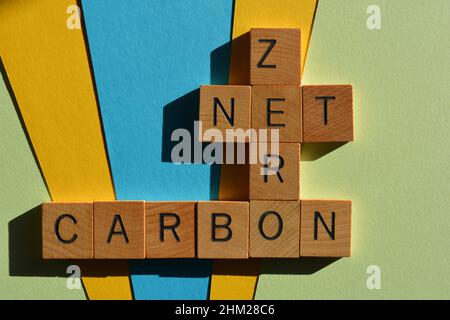 Net, zéro, carbone, mots en lettres de l'alphabet en bois en forme de mots croisés Banque D'Images