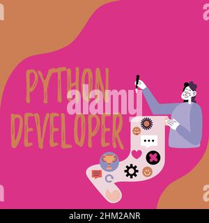 Inspiration montrant le développeur Python Sign. Business concept responsable de l'écriture de la logique d'application Web côté serveur Lady présentant le papier lui montrant Banque D'Images
