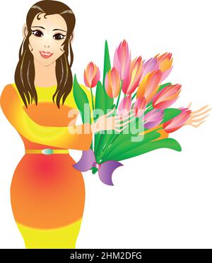 Charmante illustration de la Dame avec un buoqet de magnifiques tulipes.Journée internationale de la femme. Vector Illustration de Vecteur