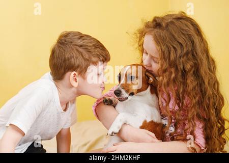 Petite fille et garçon embrassant un chiot Jack russell chien. Banque D'Images