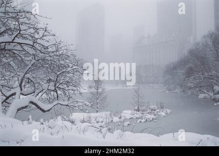 Central Park, New York, neige et le lac. De fortes chutes de neige couvrent des arbres et des enveloppes de brouillard pour les gratte-ciels Midtown Manhattan. Horizon de New York. ÉTATS-UNIS Banque D'Images