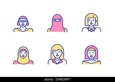 Ensemble d'icônes d'avatar de femme.Étudiants, filles, femmes dans le hijab et le niqab.Pixels Perfect, icône de couleur amusante à contour modifiable Illustration de Vecteur