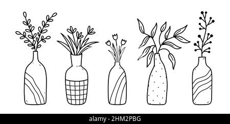 Ensemble de jolies fleurs et brindilles dans des vases en céramique isolés sur fond blanc. Illustration vectorielle dessinée à la main, style doodle. Parfait pour les cartes, les décorations, le logo. Illustration de Vecteur