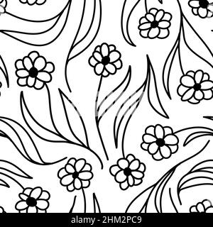 Motif sans couture dessiné à la main avec fleurs noires et blanches éléments botaniques floraux, feuilles branche fleur.Plantes de pivoine à motif marguerites monochromes minimalistes sur fond blanc, pour papier peint textile enveloppant décor de papier Banque D'Images