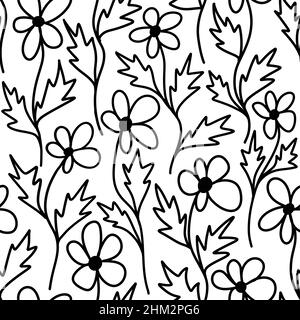 Motif sans couture dessiné à la main avec fleurs noires et blanches éléments botaniques floraux, feuilles branche fleur.Plantes de pivoine à motif marguerites monochromes minimalistes sur fond blanc, pour papier peint textile enveloppant décor de papier Banque D'Images