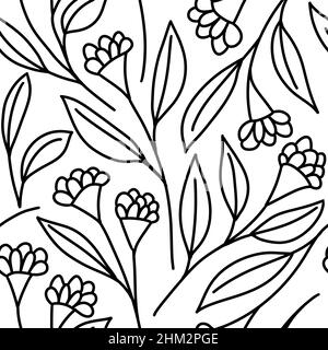 Motif sans couture dessiné à la main avec fleurs noires et blanches éléments botaniques floraux, feuilles branche fleur.Plantes de pivoine à motif marguerites monochromes minimalistes sur fond blanc, pour papier peint textile enveloppant décor de papier Banque D'Images