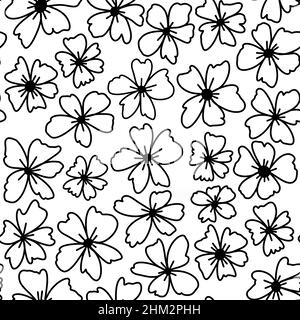 Motif sans couture dessiné à la main avec fleurs noires et blanches éléments botaniques floraux, feuilles branche fleur.Plantes de pivoine à motif marguerites monochromes minimalistes sur fond blanc, pour papier peint textile enveloppant décor de papier Banque D'Images