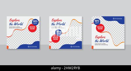 Ensemble de bannières carrées modifiables pour les messages sur les réseaux sociaux de voyage, modèle de bannière pour les publicités de voyage de forme abstraite, illustration vectorielle. Illustration de Vecteur