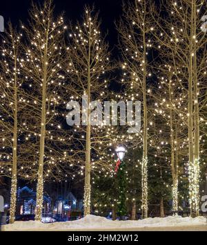 Breckenridge, Colorado. Arbres dans le centre-ville la nuit en hiver avec éclairage de vacances. Banque D'Images