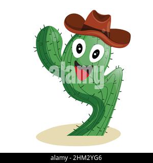 Grand cactus succulent avec épines dans un chapeau de cowboy élément isolé.Illustration de dessin vectoriel pour icône, jeu, emballage, bannière.Ouest sauvage, Ouest Illustration de Vecteur
