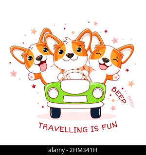 Des amis adorables voyagent dans la voiture.Trois aventuriers corgi chiots en voiture.Inscription voyager est amusant.Peut être utilisé pour les affiches de chambre d'enfants, l'impression Illustration de Vecteur