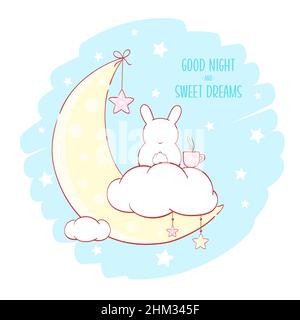 Joli petit lapin sur la lune.Inscription bonne nuit et doux rêves.Peut être utilisé pour les imprimés de t-shirt puéril, affiche de pépinière, le salut de bébé de douche ca Illustration de Vecteur