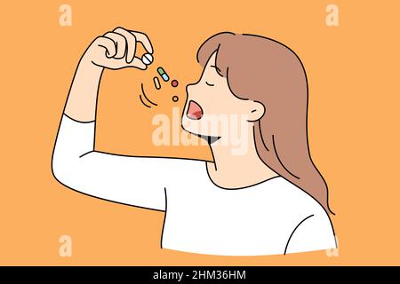 Santé et prendre des médicaments vitamines concept.Portrait de jeune femme prenant quelques pilules ou vitamines pour se sentir en bonne santé et illustration positive de vecteur Illustration de Vecteur