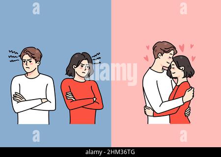 Les jeunes couples se battent et aiment.L'homme et la femme se câliner et se quereller ou ignorer.Amants problèmes de relation.Mariage et relations.Aide au counseling.Illustration vectorielle. Illustration de Vecteur