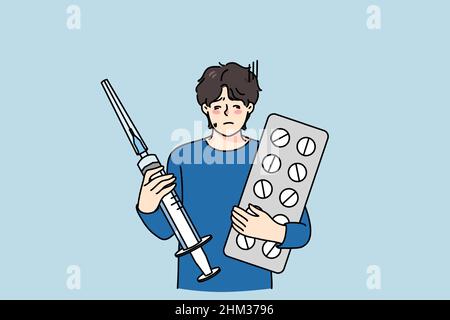 Un jeune homme malsain avec des pilules et une seringue reçoivent un traitement du virus Covid-19.Mec malade avec des médicaments guérir de la maladie de coronavirus.Problème de grippe ou de fièvre.Illustration vectorielle. Illustration de Vecteur
