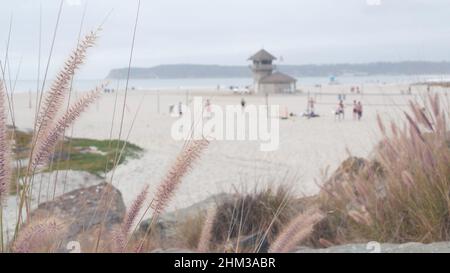 Personnes jouant au volley-ball sur la plage de sable de l'océan, côte de Californie, États-Unis. Stand de sauveteurs, cabane de la tour de sauveteurs pour la sécurité du surf. Plage de Coronado, San Diego. Station de sauvetage, sauvetage wachtower House. Banque D'Images