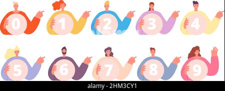 Compter de 0 à 9.Des gens heureux tenant des bannières rondes avec des numéros.Affiche d'étude pour les enfants avec des garçons et des filles de dessin animé plat.Vecteur d'infographie numérique Illustration de Vecteur