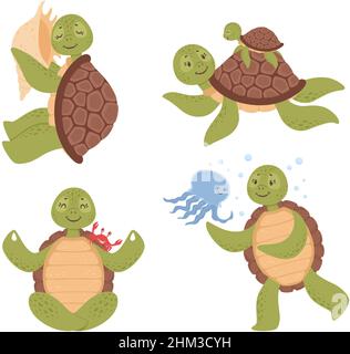 Jolie tortue de dessin animé dans différentes positions.Drôle de caractère écoutant le seashell, faisant le yoga ou méditant dans la pose de lotus avec le crabe.Parent avec petit enfant.Tortue jouant avec l'ensemble de vecteur de méduse Illustration de Vecteur