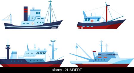 Bateaux de pêche.Navires avec équipement pour attraper le poisson et le transport.Véhicules pour le trajet en eau avec filet de fourmis.Cartoon navires commerciaux pour l'industrie des fruits de mer ensemble de vecteurs isolés Illustration de Vecteur