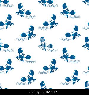 Crabe bleu drôle et vagues. Motif sans couture. Joli motif enfant pour filles et garçons. Les crabes bleus sur fond blanc créent un dessin animé gai, papier peint nautique. Illustration vectorielle Illustration de Vecteur