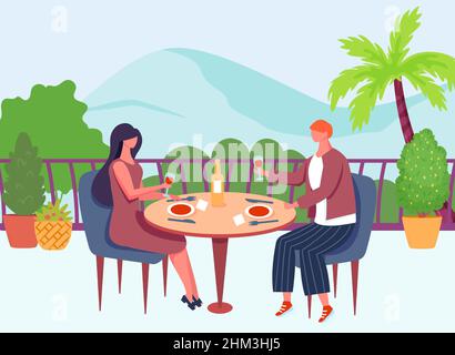 Date romantique sur le toit.Couple assis à table et boire du vin.Homme et femme se détendant sur le toit, en vacances.Relations d'amour, petite amie et petit ami se reposant ensemble vecteur Illustration de Vecteur