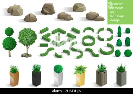 Ensemble d'éléments de paysage pierres et plantes pour la conception du jardin ou du parc.Graphiques vectoriels.Isométrie architecturale Illustration de Vecteur