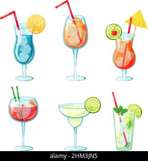 Boissons alcoolisées d'été.Cocktails tropicaux en verre avec des tranches d'agrumes, des feuilles de menthe, des glaçons et des pailles.Boisson fraîche exotique au citron et au citron vert.Margarita, mojito, sangria et lagon bleu Illustration de Vecteur