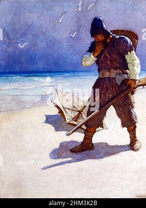 "Je me suis tenu comme un Thunderstruck, ou comme si j'avais vu une appartion" de "The Life and Strange surprenant Adventures of Robinson Crusoe, or York, Mariner" par Daniel Degoe (1660-1731) montrant le moment où Crusoe découvre une empreinte.Peinture de Newell Convers Wyeth (1882-1945) publiée dans une édition 1920 du livre. Banque D'Images