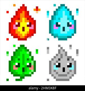 Nature elementals vecteur pixel art. quatre éléments classiques - terre, eau, air, feu.Icônes de jeu mignons Illustration de Vecteur