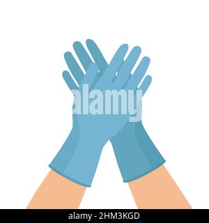 Mains mettant des gants de protection bleus isolés sur fond blanc.Les gants en latex sont un symbole de protection contre les virus et les bactéries.Précaution Illustration de Vecteur