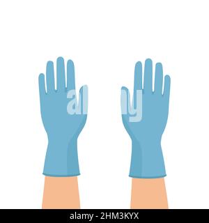 Mains mettant des gants de protection bleus isolés sur fond blanc.Les gants en latex sont un symbole de protection contre les virus et les bactéries.Précaution Illustration de Vecteur