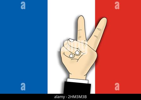 Dessin animé main geste V signe pour la victoire avec grand drapeau français dans l'arrière-plan.France concept d'élection présidentielle. Banque D'Images