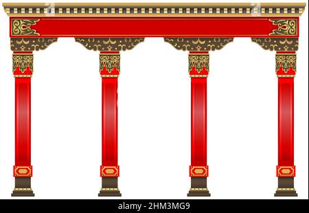 L'arche chinoise rouge de l'est.Architecture sculptée et colonnes classiques.Style chinois.Cadre architectural décoratif dans des graphiques vectoriels. Illustration de Vecteur