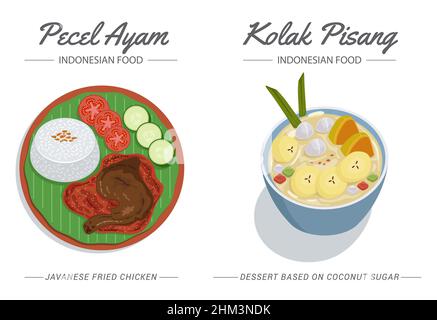 Pecel Ayam est un poulet frit javanais épicé et Kolak Pisang est un dessert indonésien à base de sucre de coco et de banane.Un repas Iftar. Illustration de Vecteur