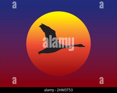 Graphiques vectoriels représentant la silhouette noire d'un cygne volant devant le soleil couchant. Illustration de Vecteur