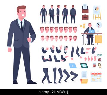 Kit personnage homme d'affaires.Constructeur du gestionnaire.Guy en costume habillé.Parties du corps dans différentes positions.Mouvements des jambes et des mains.Accessoires Illustration de Vecteur