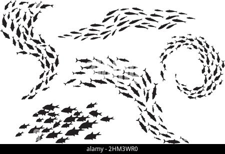 Silhouette de poisson d'école.Groupe de bancs marins petits poissons nagent dans le cercle, le raquette et l'école vie de l'océan, écosystème sous-marin animaux marins profonds, beaucoup de thon, icônes noires.Illustration du poisson de mer Illustration de Vecteur