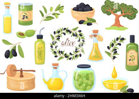 Produits d'olive de dessin animé.Feta huile grèce cuisine traditionnelle, bol olives snack, collations méditerranéennes, bouteille de gouttes d'olivier arbre d'olival, illustration vectorielle plate.Huile d'olive et aliments biologiques Illustration de Vecteur