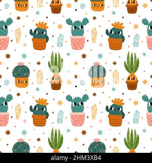 Joli motif cactus sans coutures.Imprimé dessin animé avec cactus kawaii dans des pots de fleurs.Thème floral pour enfants.Des plantes de maison heureuses.Plantes succulentes et bulbeuses avec Illustration de Vecteur