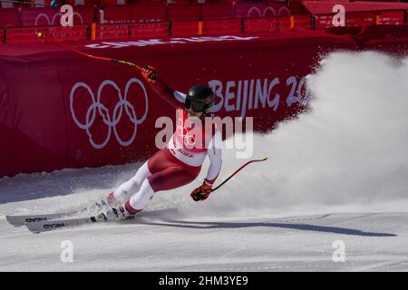 Pékin, Chine.07th févr. 2022.Le Matthias Mayer, de l'Autriche, réagit à la fin de la course de ski alpin pour hommes au centre national de ski alpin de Yanqing aux Jeux olympiques d'hiver de Beijing en 2022, le lundi 7 février 2022.Mayer a remporté la médaille de bronze.Photo de Paul Hanna/UPI crédit: UPI/Alay Live News Banque D'Images